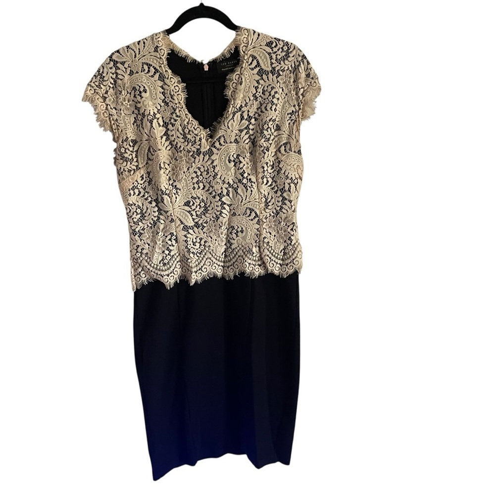 Ted Baker Tan and Brown Sheath Dress V-Neck Flutter Cap Sleeves - Picture 2 of 8